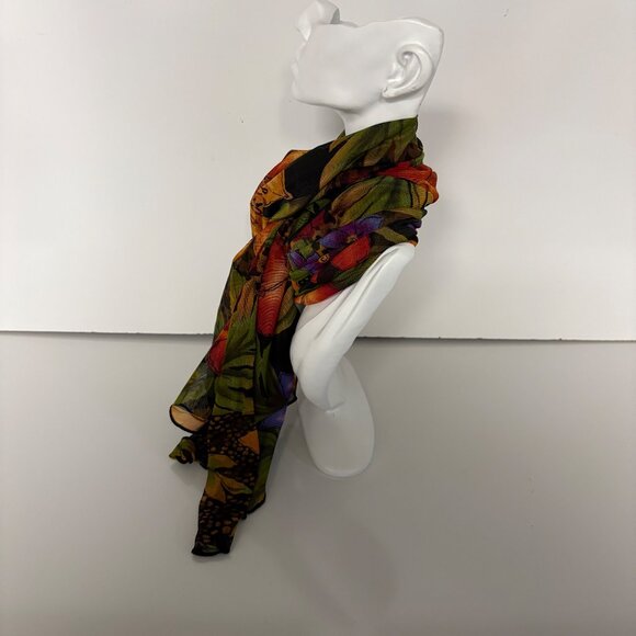 Longitude Chiffon Floral Scarf Colorful Flowers Leaves Tropical Garden - Picture 6 of 8